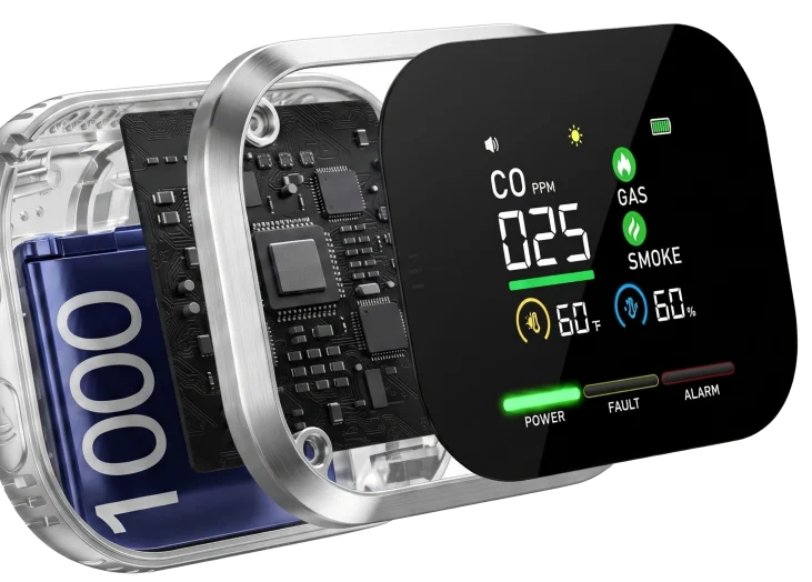 Inside CarbonOne Safe: sensor board, battery backup, and live display